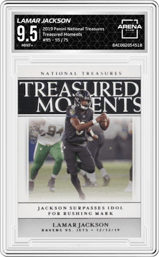 Lamar Jackson from the 2019 Panini National Treasures set graded by Arena Club and given an overall grade of 9.5.