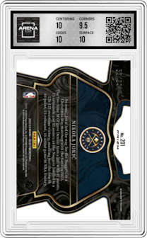 Nikola Jokic from the 2022-23 Panini Select set featuring a Disco Light Blue parallel graded by Arena Club and given an overall grade of 10.