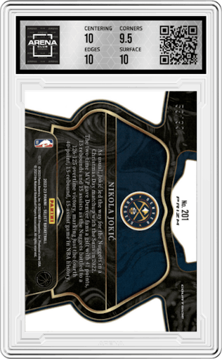 Nikola Jokic from the 2022-23 Panini Select set featuring a Disco Light Blue parallel graded by Arena Club and given an overall grade of 10.