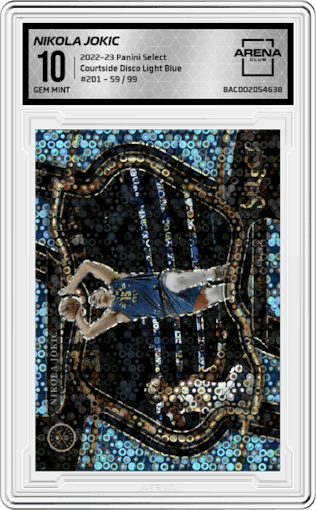 Nikola Jokic from the 2022-23 Panini Select set featuring a Disco Light Blue parallel graded by Arena Club and given an overall grade of 10.