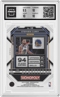 Stephen Curry from the 2022-23 Panini Prizm Monopoly set featuring a Black Classic Icons parallel graded by Arena Club and given an overall grade of 10.