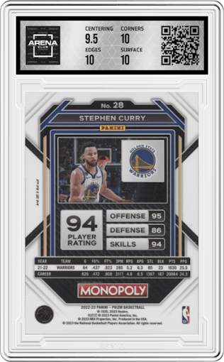 Stephen Curry from the 2022-23 Panini Prizm Monopoly set featuring a Black Classic Icons parallel graded by Arena Club and given an overall grade of 10.