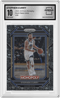 Stephen Curry from the 2022-23 Panini Prizm Monopoly set featuring a Black Classic Icons parallel graded by Arena Club and given an overall grade of 10.