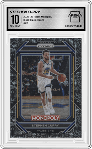 Stephen Curry from the 2022-23 Panini Prizm Monopoly set featuring a Black Classic Icons parallel graded by Arena Club and given an overall grade of 10.