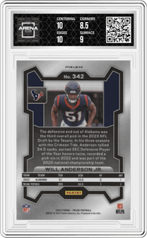 Will Anderson Jr. from the 2023 Panini Prizm set featuring a Silver Prizm parallel graded by Arena Club and given an overall grade of 9.