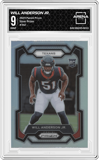 Will Anderson Jr. from the 2023 Panini Prizm set featuring a Silver Prizm parallel graded by Arena Club and given an overall grade of 9.