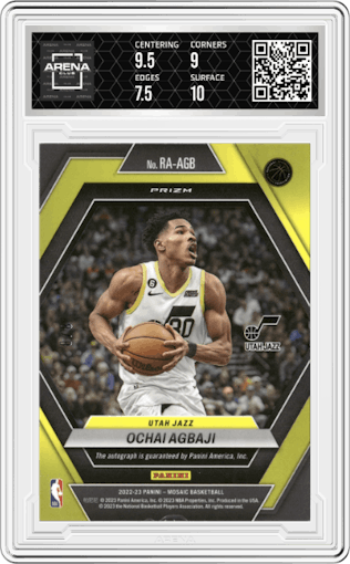 Ochai Agbaji from the 2022-23 Panini Mosaic set featuring a Choice Black Gold Prizm parallel graded by Arena Club and given an overall grade of 8.
