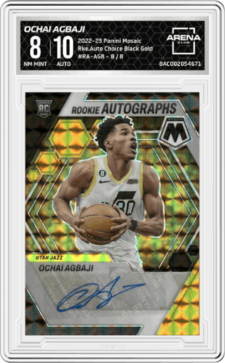 Ochai Agbaji from the 2022-23 Panini Mosaic set featuring a Choice Black Gold Prizm parallel graded by Arena Club and given an overall grade of 8.