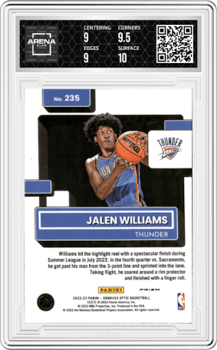 Jalen Williams from the 2022-23 Panini Donruss Optic  set featuring a Red Wave parallel graded by Arena Club and given an overall grade of 9.5.