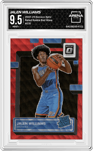 Jalen Williams from the 2022-23 Panini Donruss Optic  set featuring a Red Wave parallel graded by Arena Club and given an overall grade of 9.5.