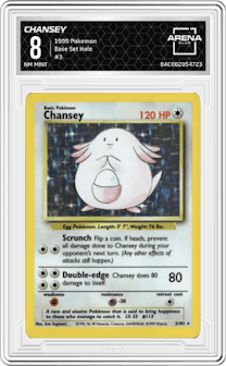 Chansey from the 1999 Pokemon set graded by Arena Club and given an overall grade of 8.
