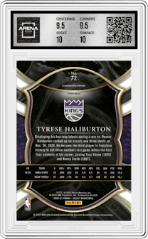 Tyrese Haliburton from the 2020-21 Panini Select  set featuring a Blue White Purple Cracked Ice parallel graded by Arena Club and given an overall grade of 10.