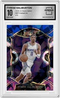 Tyrese Haliburton from the 2020-21 Panini Select  set featuring a Blue White Purple Cracked Ice parallel graded by Arena Club and given an overall grade of 10.
