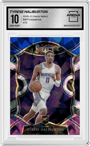 Tyrese Haliburton from the 2020-21 Panini Select  set featuring a Blue White Purple Cracked Ice parallel graded by Arena Club and given an overall grade of 10.
