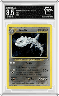 Steelix from the 2000 Pokemon Neo Genesis set graded by Arena Club and given an overall grade of 8.5.