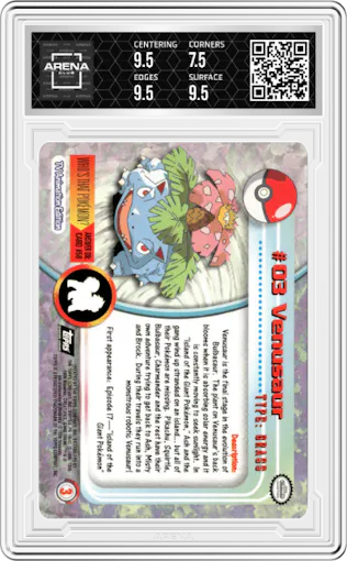 Venusaur from the 1999 Pokemon set featuring a Foil parallel graded by Arena Club and given an overall grade of 8.