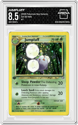 Jumpluff from the 2000 Pokemon Neo Genesis set graded by Arena Club and given an overall grade of 8.5.