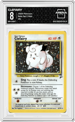 Clefairy from the 2000 Pokemon set graded by Arena Club and given an overall grade of 8.