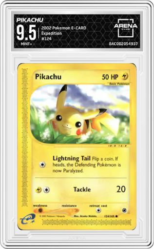 Pikachu from the 2002 Pokemon E-CARD set graded by Arena Club and given an overall grade of 9.5.