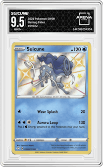 Suicune from the 2021 Pokemon SWSH set graded by Arena Club and given an overall grade of 9.5.