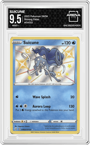 Suicune from the 2021 Pokemon SWSH set graded by Arena Club and given an overall grade of 9.5.