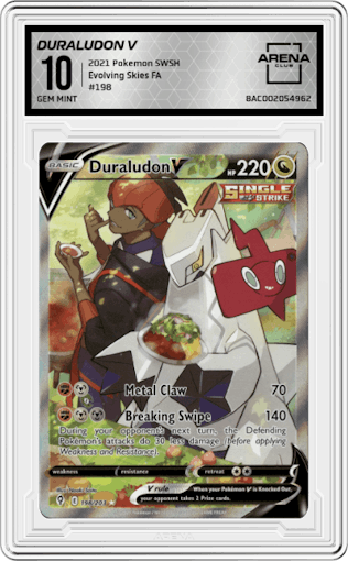 Duraludon V from the 2021 Pokemon SWSH set graded by Arena Club and given an overall grade of 10.