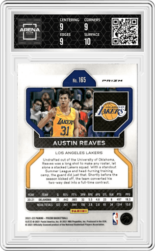 Austin Reaves from the 2021-22 Panini Prizm  set featuring a Orange Ice parallel graded by Arena Club and given an overall grade of 9.5.