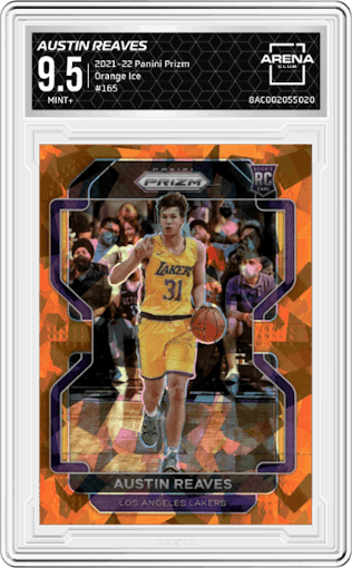 Austin Reaves from the 2021-22 Panini Prizm  set featuring a Orange Ice parallel graded by Arena Club and given an overall grade of 9.5.