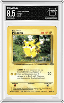 Pikachu from the 1999 Pokemon set graded by Arena Club and given an overall grade of 8.5.