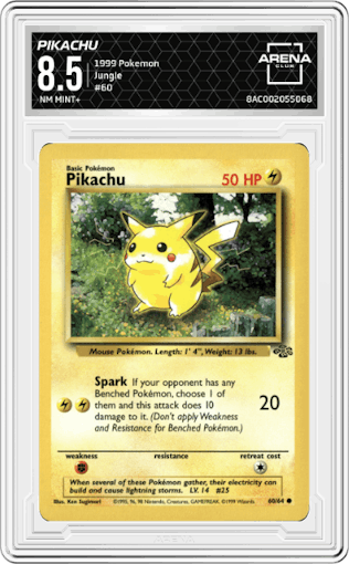 Pikachu from the 1999 Pokemon set graded by Arena Club and given an overall grade of 8.5.