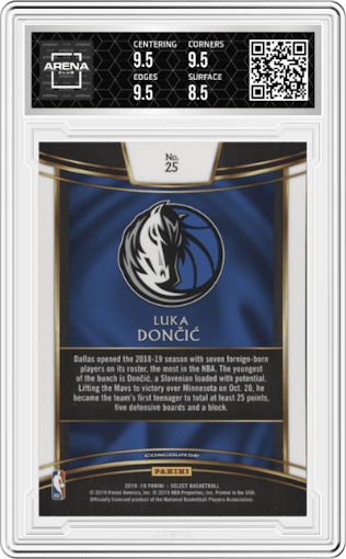 Luka Doncic from the 2018-19 Panini Select  set graded by Arena Club and given an overall grade of 9.