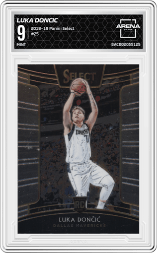 Luka Doncic from the 2018-19 Panini Select  set graded by Arena Club and given an overall grade of 9.