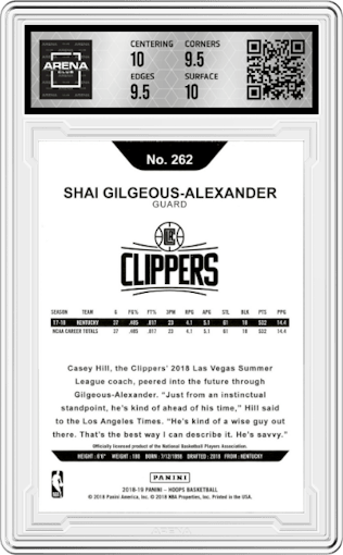 Shai Gilgeous-Alexander from the 2018-19 Panini NBA Hoops  set graded by Arena Club and given an overall grade of 10.