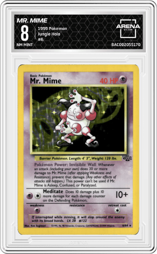 Mr. Mime from the 1999 Pokemon set graded by Arena Club and given an overall grade of 8.