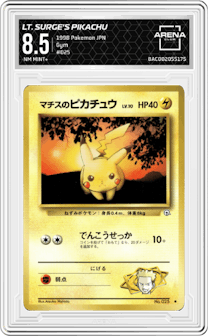 Lt. Surge's Pikachu from the 1998 Pokemon JPN set graded by Arena Club and given an overall grade of 8.5.
