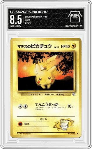 Lt. Surge's Pikachu from the 1998 Pokemon JPN set graded by Arena Club and given an overall grade of 8.5.