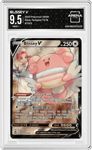 Blissey V from the 2022 Pokemon SWSH set graded by Arena Club and given an overall grade of 9.5.