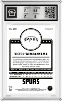 Victor Wembanyama from the 2023-24 Panini NBA Hoops set graded by Arena Club and given an overall grade of 10.