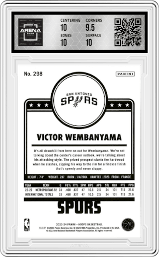 Victor Wembanyama from the 2023-24 Panini NBA Hoops set graded by Arena Club and given an overall grade of 10.