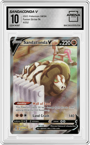 Sandaconda V from the 2021 Pokemon SWSH set graded by Arena Club and given an overall grade of 10.