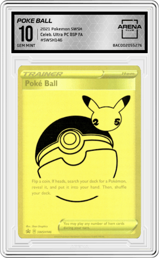 Poke Ball from the 2021 Pokemon SWSH set graded by Arena Club and given an overall grade of 10.