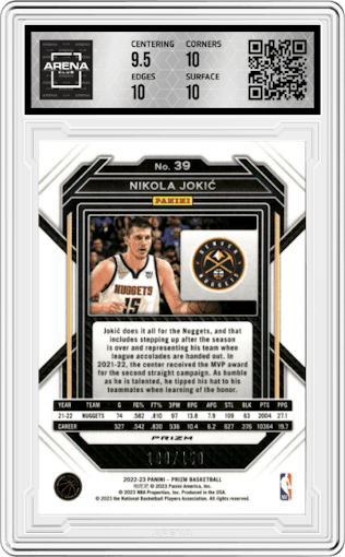  Nikola Jokic from the 2022-23 Panini Prizm  set featuring a Fast Break Blue parallel graded by Arena Club and given an overall grade of 10.