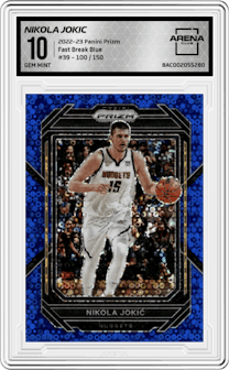  Nikola Jokic from the 2022-23 Panini Prizm  set featuring a Fast Break Blue parallel graded by Arena Club and given an overall grade of 10.