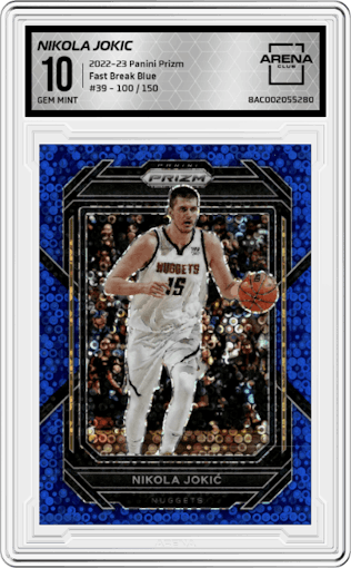  Nikola Jokic from the 2022-23 Panini Prizm  set featuring a Fast Break Blue parallel graded by Arena Club and given an overall grade of 10.