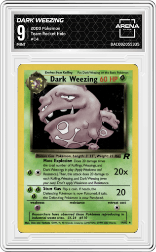 Dark Weezing from the 2000 Pokemon set graded by Arena Club and given an overall grade of 9.