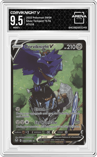 Corviknight V from the 2022 Pokemon SWSH set graded by Arena Club and given an overall grade of 9.5.