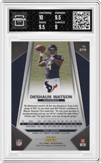 Deshaun Watson from the 2017 Panini Prizm set featuring a Prizm parallel graded by Arena Club and given an overall grade of 9.5.
