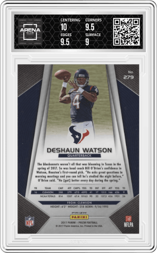 Deshaun Watson from the 2017 Panini Prizm set featuring a Prizm parallel graded by Arena Club and given an overall grade of 9.5.