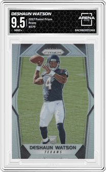 Deshaun Watson from the 2017 Panini Prizm set featuring a Prizm parallel graded by Arena Club and given an overall grade of 9.5.