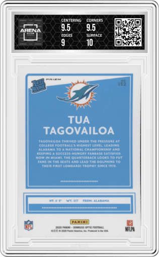Tua Tagovailoa from the 2020 Panini Donruss Optic set featuring a Holo parallel graded by Arena Club and given an overall grade of 9.5.
